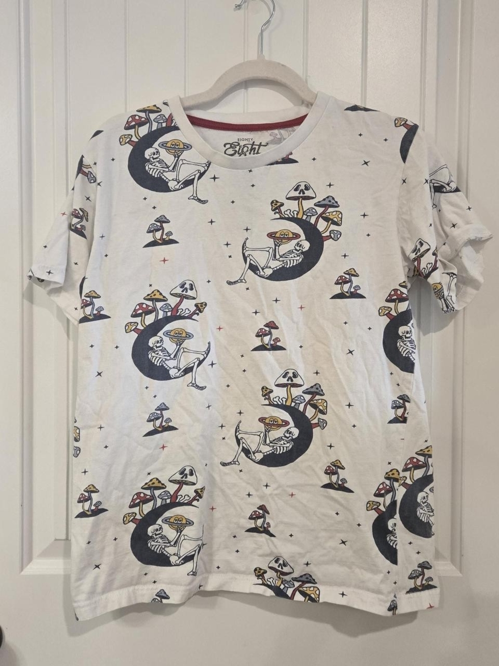 Eighty Eight White Tee with Black, Yellow and Red Mushroom Skeleton Print